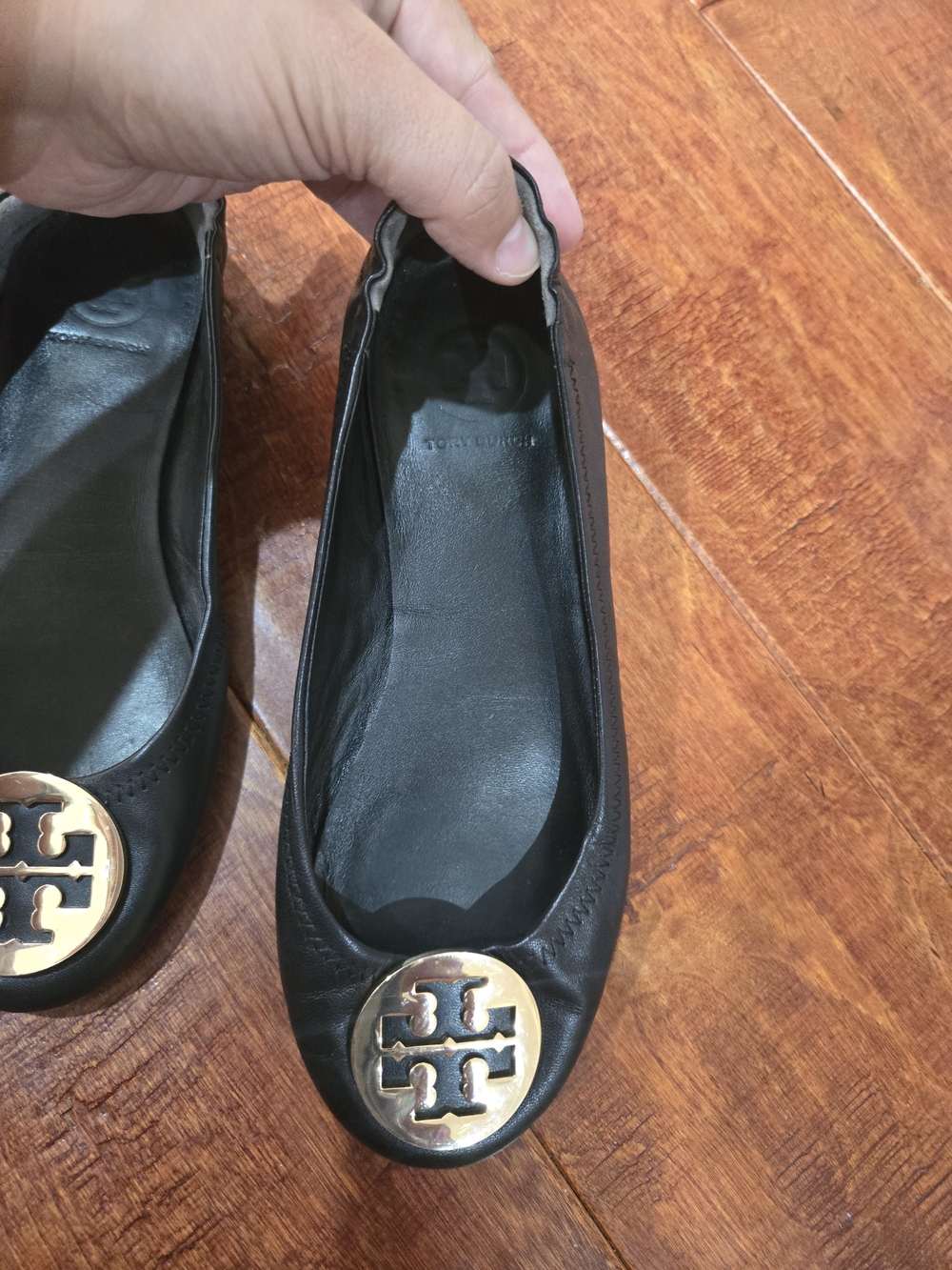 Tory Burch Black Leather Logo Ballet Flats with Gold Emblem